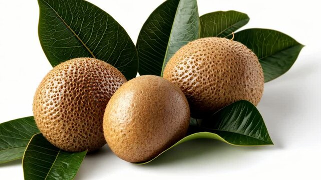 Fresh sapodilla fruits resting on green leaves are showcased in a bright setting