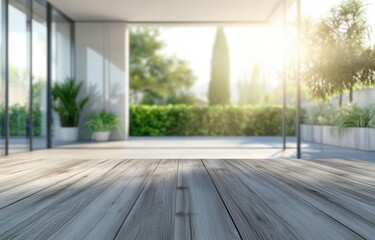 Modern Interior, Wooden Deck, Garden View, Sunlight Streaming