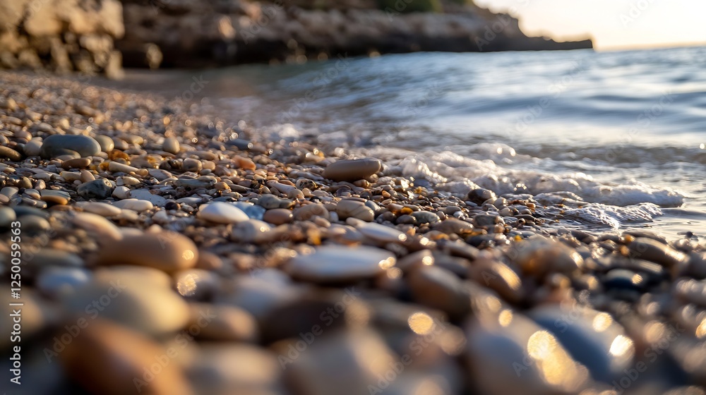 Poster Close Up of Pebbles and Stones on a Beach with Soft Waves Lapping at the Shoreline During Golden Hour : Generative AI
