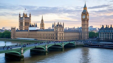 Naklejka premium Iconic View of Westminster Palace and Big Ben Tower Overlooking the River Thames at Sunset in London : Generative AI