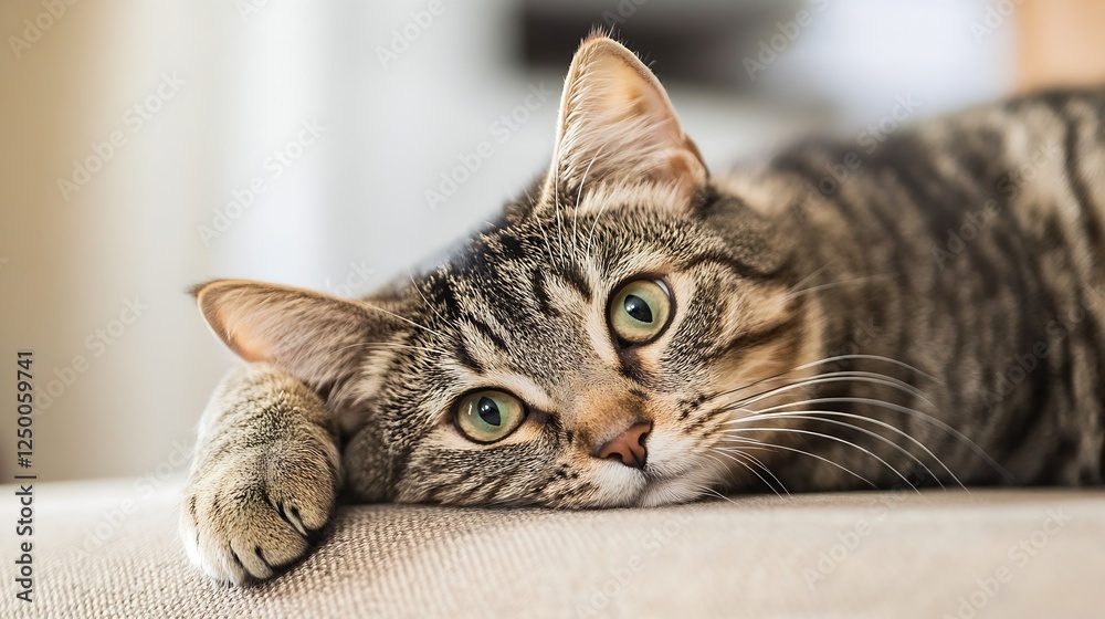 Poster Charming Close Up Image of a Playful Tabby Cat Relaxing on a Couch : Generative AI