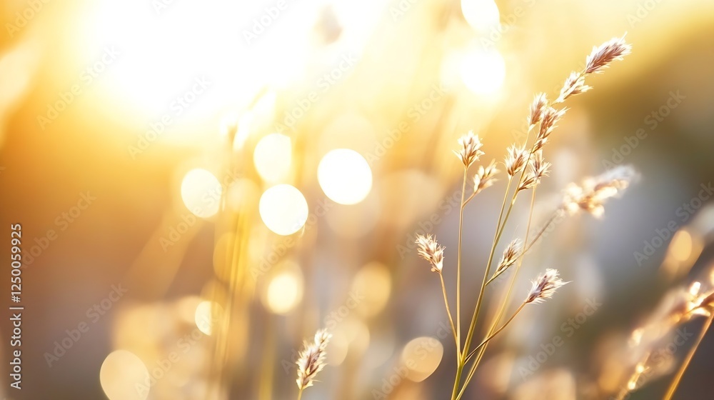 Poster golden hour close up of delicate grass flowers shining in the warm sunlight with beautiful bokeh : g