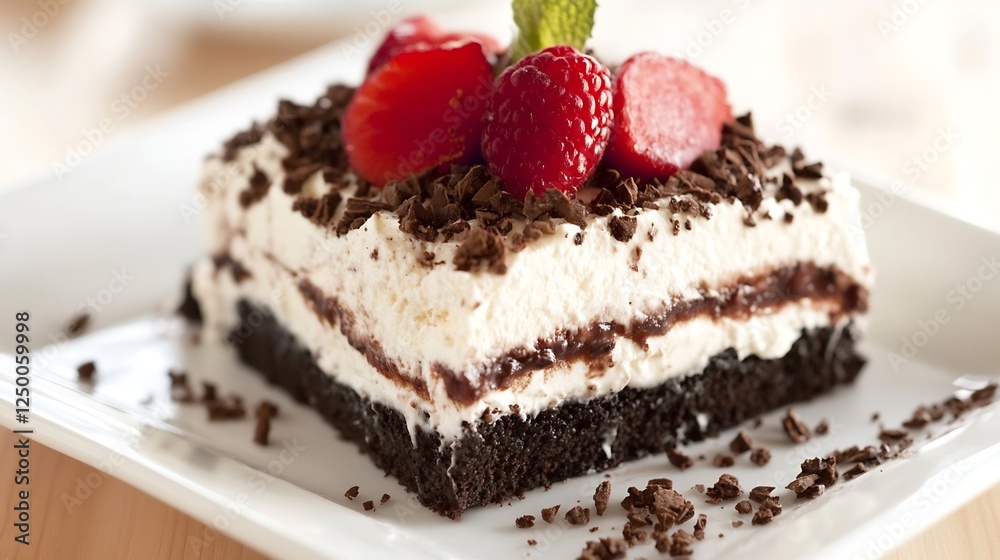 Poster decadent chocolate cake with fresh berries and cream topping served on a white plate : generative ai