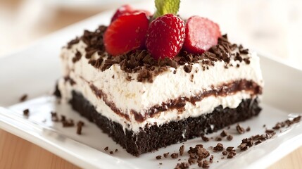 Decadent Chocolate Cake with Fresh Berries and Cream Topping Served on a White Plate : Generative AI