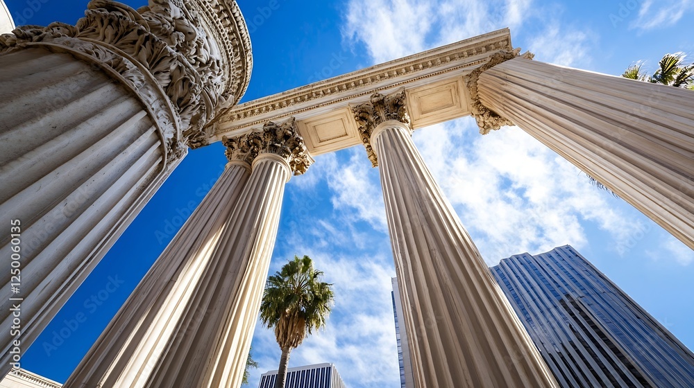 Poster Majestic View of Classical Columns Reaching Sky with Vibrant Blue Background : Generative AI