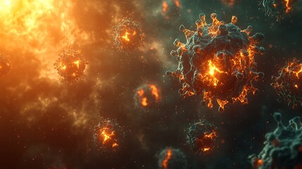 Naklejka premium Burning Virus Particles, Microscopic View