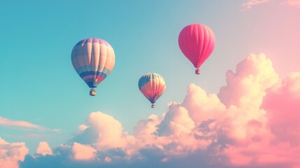 Colorful hot air balloons soar amidst sunset cloudscape