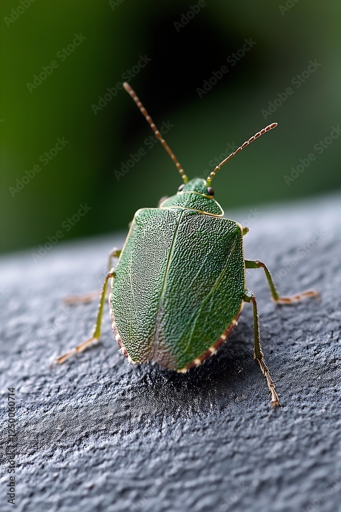 Poster close-up of a green insect on a black surface with natural lighting : generative ai