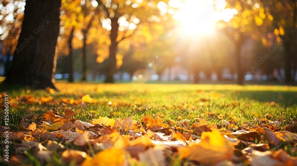 Poster beautiful autumn scene with sun shining through trees and colorful leaves on grass : generative ai
