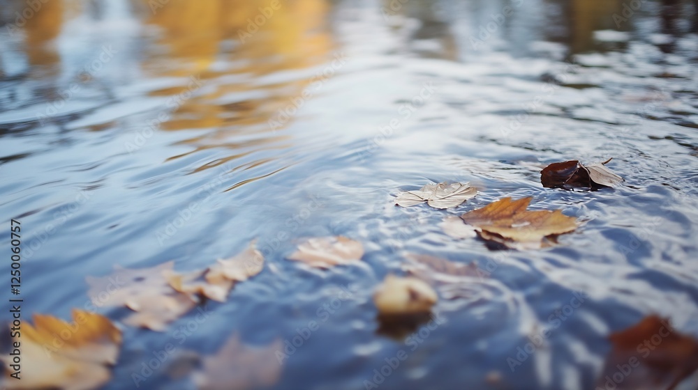 Aufkleber autumn leaves floated on calm water surface reflecting soft light and nature : generative ai