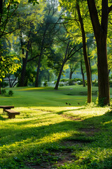 Fototapeta premium Tranquil and Sunlit Park Path with Lush Foliage, Serene Benches, and Reflective Pond: The Ultimate Quiet Retreat