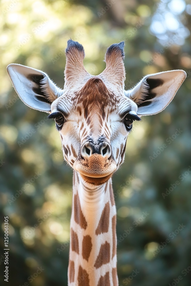 Poster beautiful close up portrait of a giraffe with expressive eyes set against a blurred natural backgrou