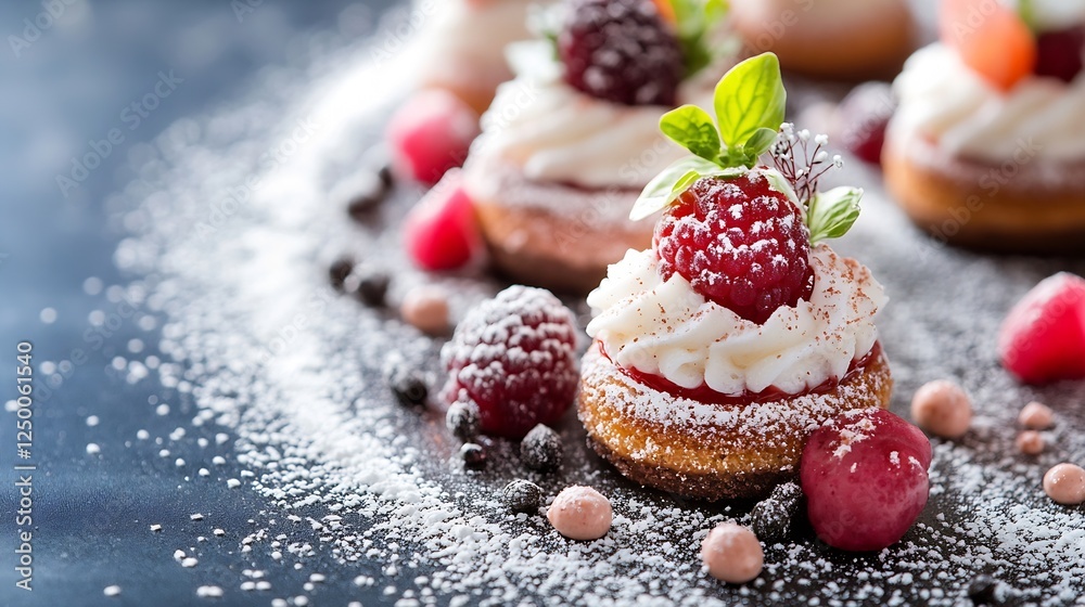 Poster delicious mini raspberry cream desserts decorated with fresh berries and mint on a dark background :