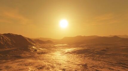 Martian sunset landscape; arid canyon, sunlit dunes, background sky