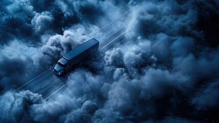 Fototapeta premium A truck drives through a dense, foggy landscape, surrounded by thick, swirling clouds, creating a mysterious and dramatic atmosphere.