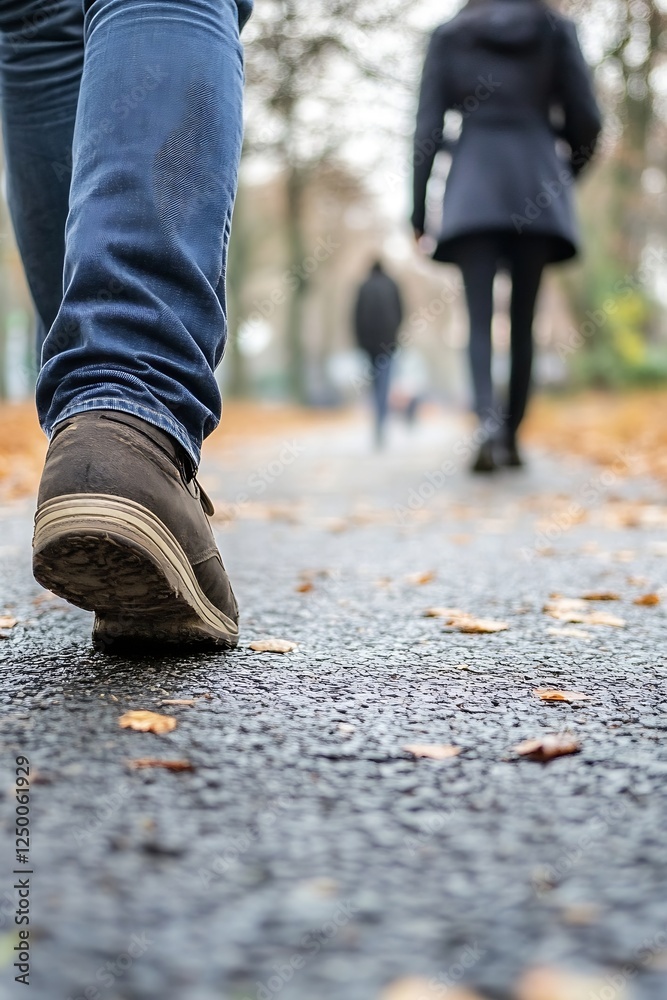 Poster Perspective View of People Walking on a Path Covered with Fallen Leaves in Autumn : Generative AI