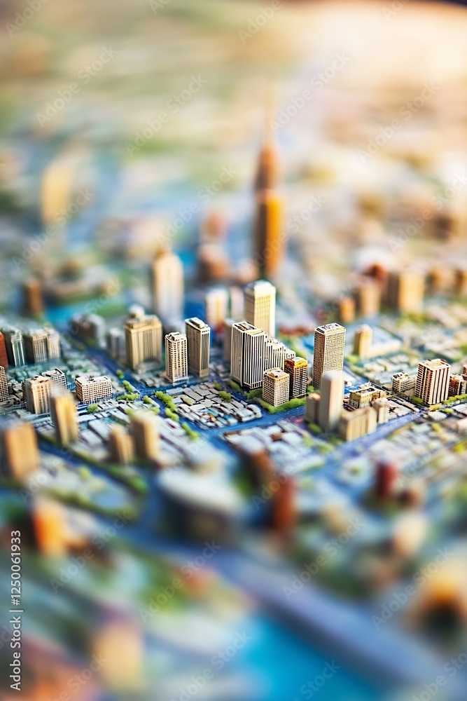 Poster blurred city model showing skyscrapers and urban architecture in bright daylight : generative ai