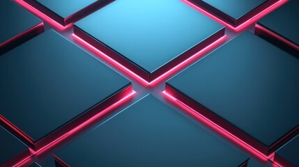 Abstract glowing cubes, neon red lines, blue background, technology design