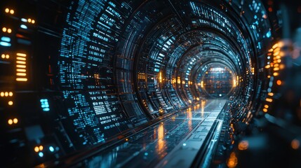 Futuristic data tunnel, glowing pathway, digital screens, server room, tech background