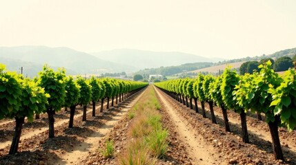 Obraz premium Rows of vibrant green grapevines stretch towards a distant horizon, promising a bountiful harvest in the sun-drenched vineyard