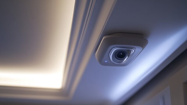 Ceiling-mounted security camera in hallway, illuminated cove lighting