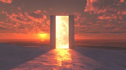 Glowing portal sunset landscape, digital art, fantasy