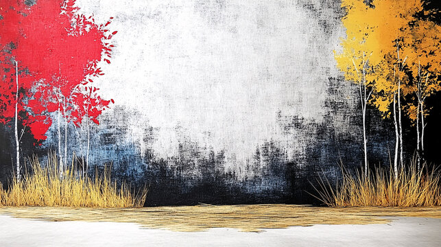 Mesmerizing minimalist painting featuring fluid blend of soft colors, showcasing vibrant red and yellow trees against textured background. artwork evokes tranquility and harmony