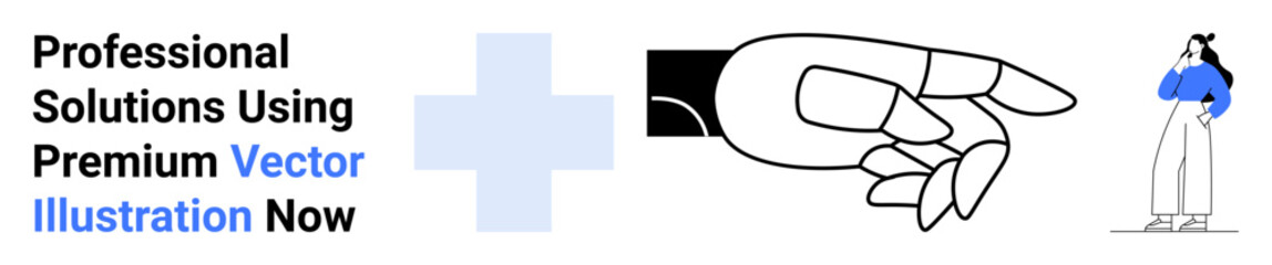 Hand pointing right, large blue plus sign, and businesswoman in blue shirt. Ideal for marketing, branding, consulting, teamwork, creativity innovation recruitment. Flat landing page banner