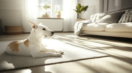 Sunlit Dog Relaxing on Living Room Rug
