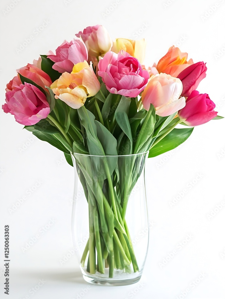 Poster charming bouquet of colorful blooming tulips displayed in a glass vase on a light background : gener