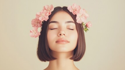 Fototapeta premium Serene woman, floral crown, studio, calm background, beauty ad