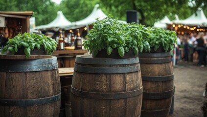 Wooden Barrels with Herbs at Outdoor Market