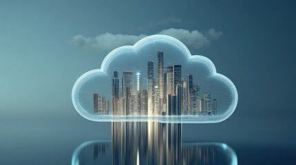 Cityscape inside a cloud reflecting on a surface, signifying digital infrastructure and smart city technology