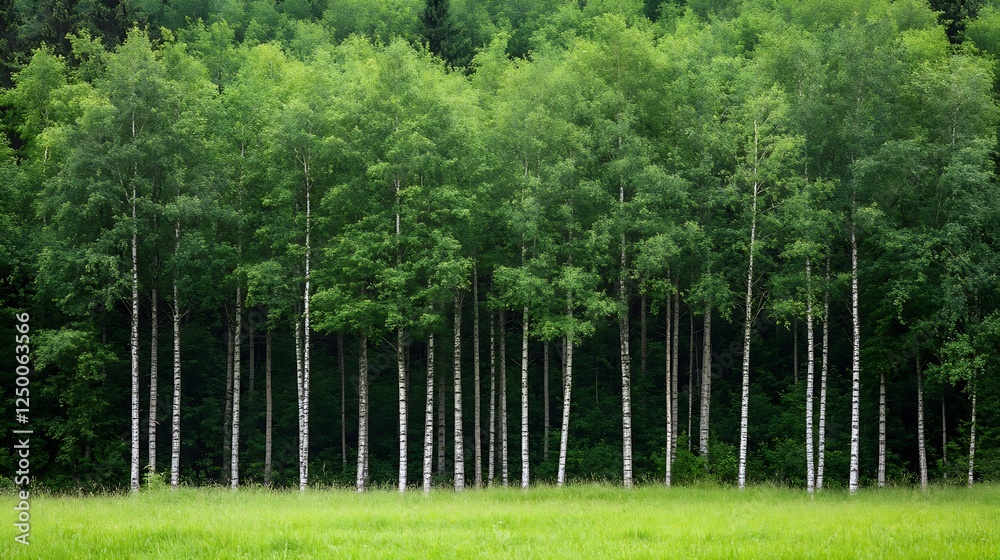Poster vibrant birch trees in a lush green forest setting : generative ai