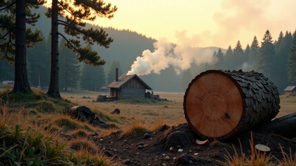 Serene Sunrise Over Rustic Cabin and Forest, with a Large Cut Log in the Foreground