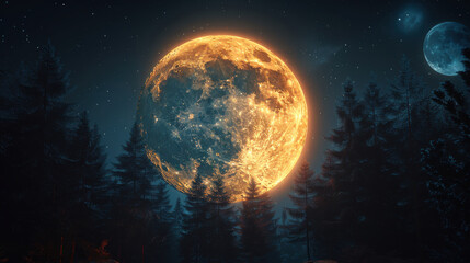 bright full moon illuminates clear night sky filled with stars, creating serene atmosphere in forest