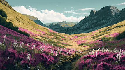 Fototapeta premium A picturesque hike through the rugged landscapes of the scottish highlands, focusing on native plant species. scottish highlands. illustration. Emotion-Driven Landscapes. Illustration
