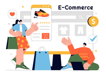 E-commerce Business Illustration featuring the Process of Online Buying and Selling Transactions, Promotional Offers, Ratings, and Customer Feedback