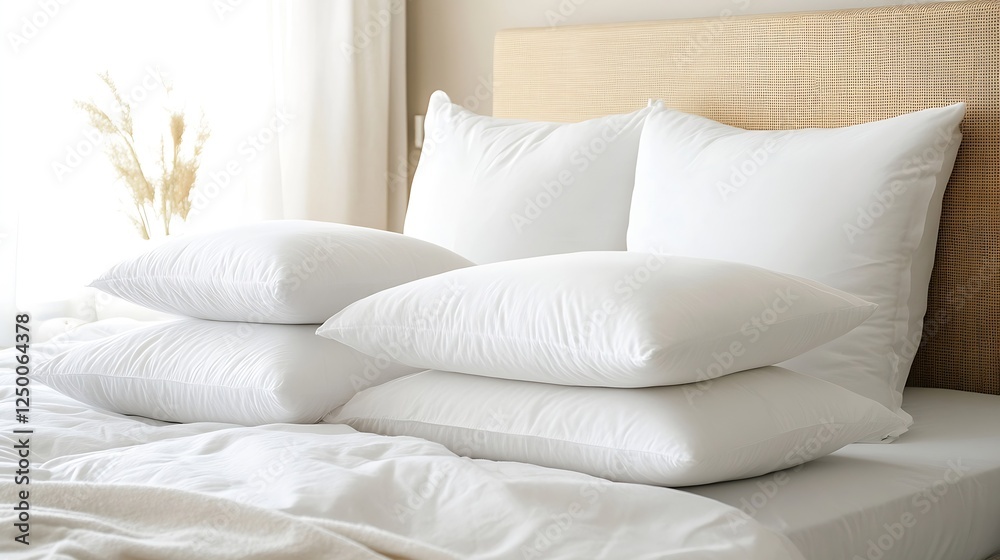 Poster cozy white pillows stacked on a bed creating a comfortable and relaxing bedroom atmosphere : generat