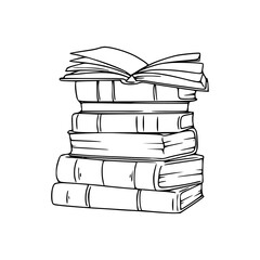 a black and white drawing of a stack of books
