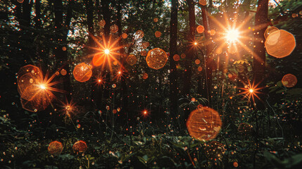 Fototapeta premium Bright light lens flares create magical atmosphere in forest scene, enhancing natural beauty and tranquility of surroundings