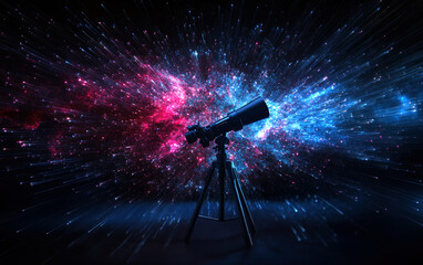 Immerse in the beauty of the cosmos with a telescope set against a vibrant, colorful backdrop of...