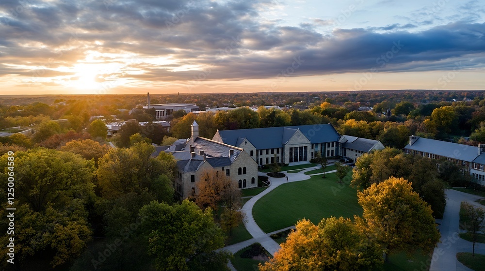 Poster stunning aerial view of a college campus surrounded by autumn trees and sunset : generative ai