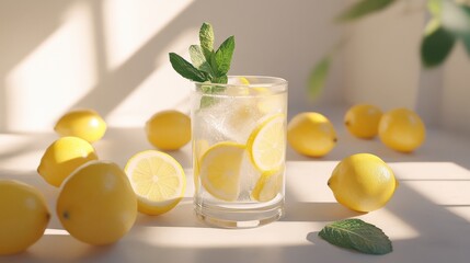 Fototapeta premium A refreshing lemon iced drink in a tall glass with ice, mint, and lemon slices, set against a clean white backdrop with whole lemons surrounding the scene