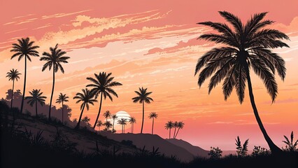 Fototapeta premium Tropical Sunset Palm Trees Silhouette Ocean View Orange Sky