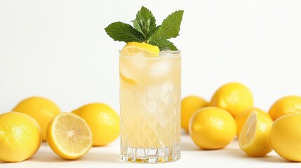 Fototapeta premium A tall glass of lemon iced drink with ice, mint sprigs, and lemon slices, surrounded by whole lemons on a white background, perfect for summer refreshment