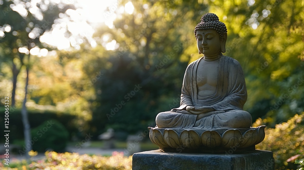 Poster Peaceful Buddha statue sitting on a lotus flower surrounded by greenery creating a serene environment : Generative AI