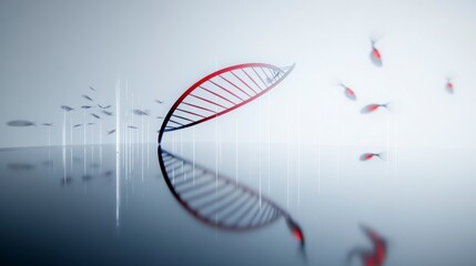 Abstract art of a DNA strand with digital fish swimming around it