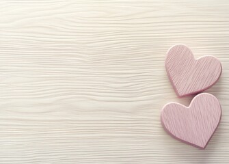Obraz premium Minimalistic Valentine's Day background featuring two pastel pink wooden hearts on a light wooden texture with ample copy space. Ideal for greeting cards, wedding invitations, or romantic ads