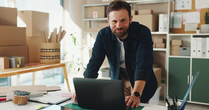 Businessman, logistics or boxes with laptop for supply chain, distribtution or online store. Portrait, man or distributor with smile on computer for small business, ecommerce shop or delivery service